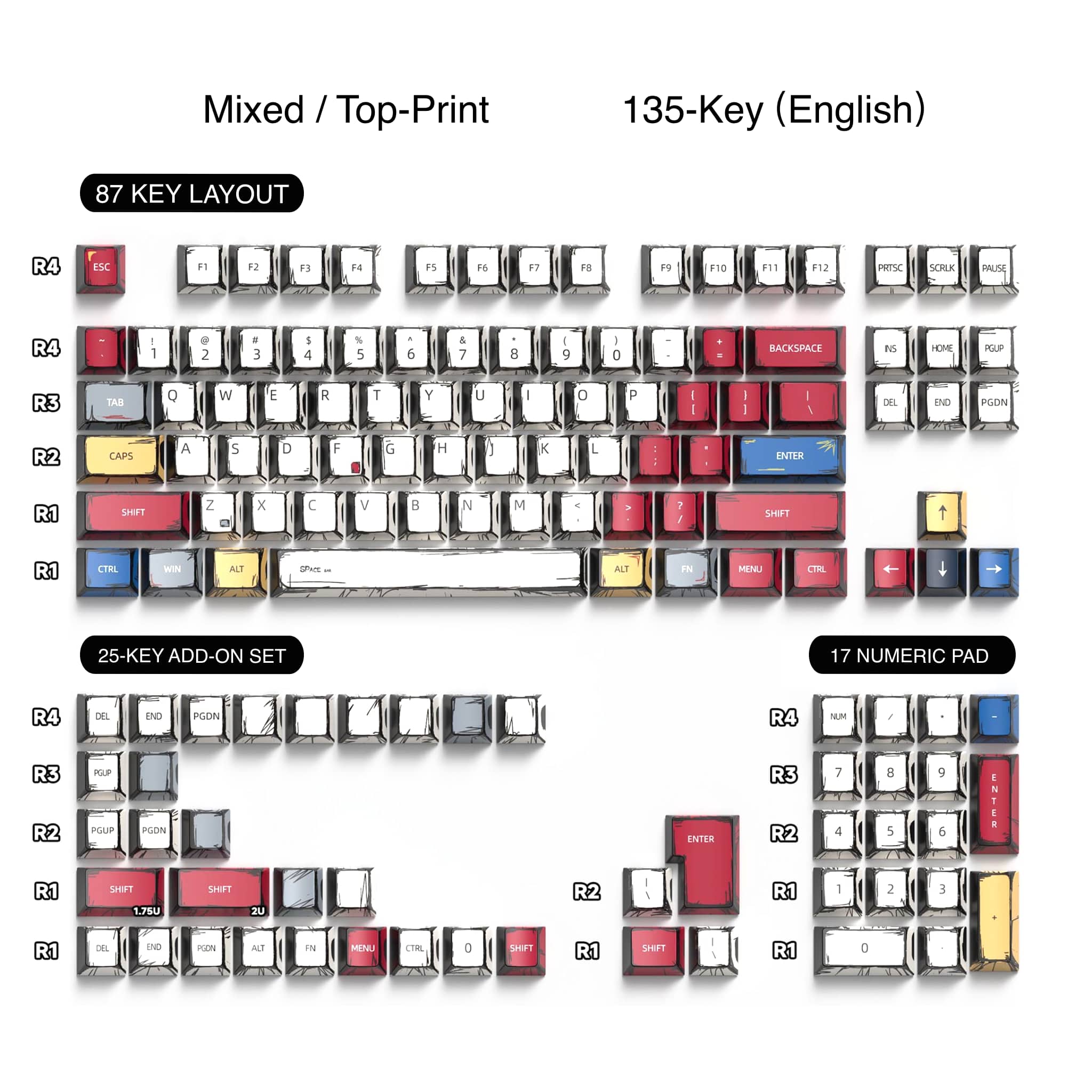 Comic Style PBT Keycaps - 2D Hand-Drawn Design (74/135 Keys)