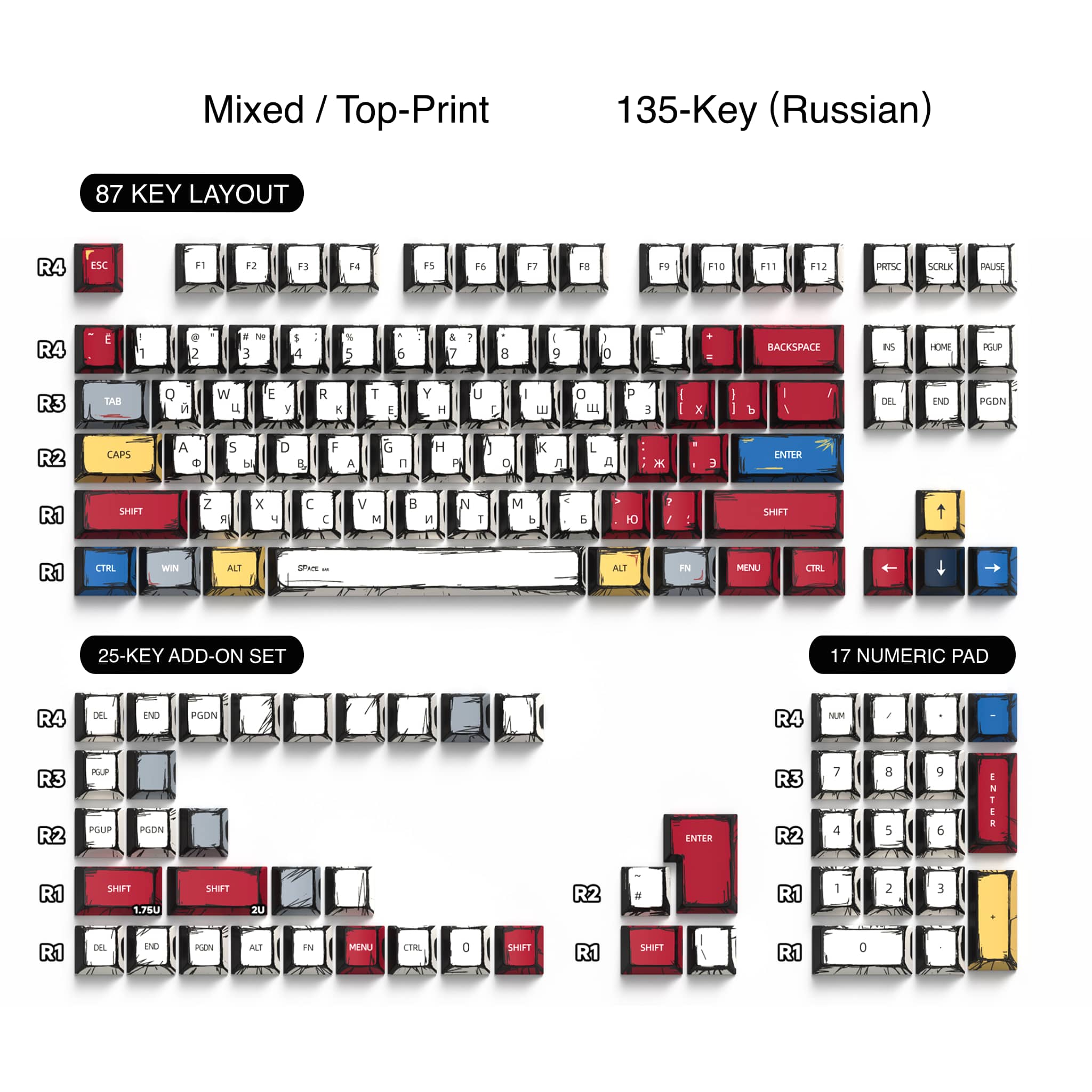 Comic Style PBT Keycaps - 2D Hand-Drawn Design (74/135 Keys)