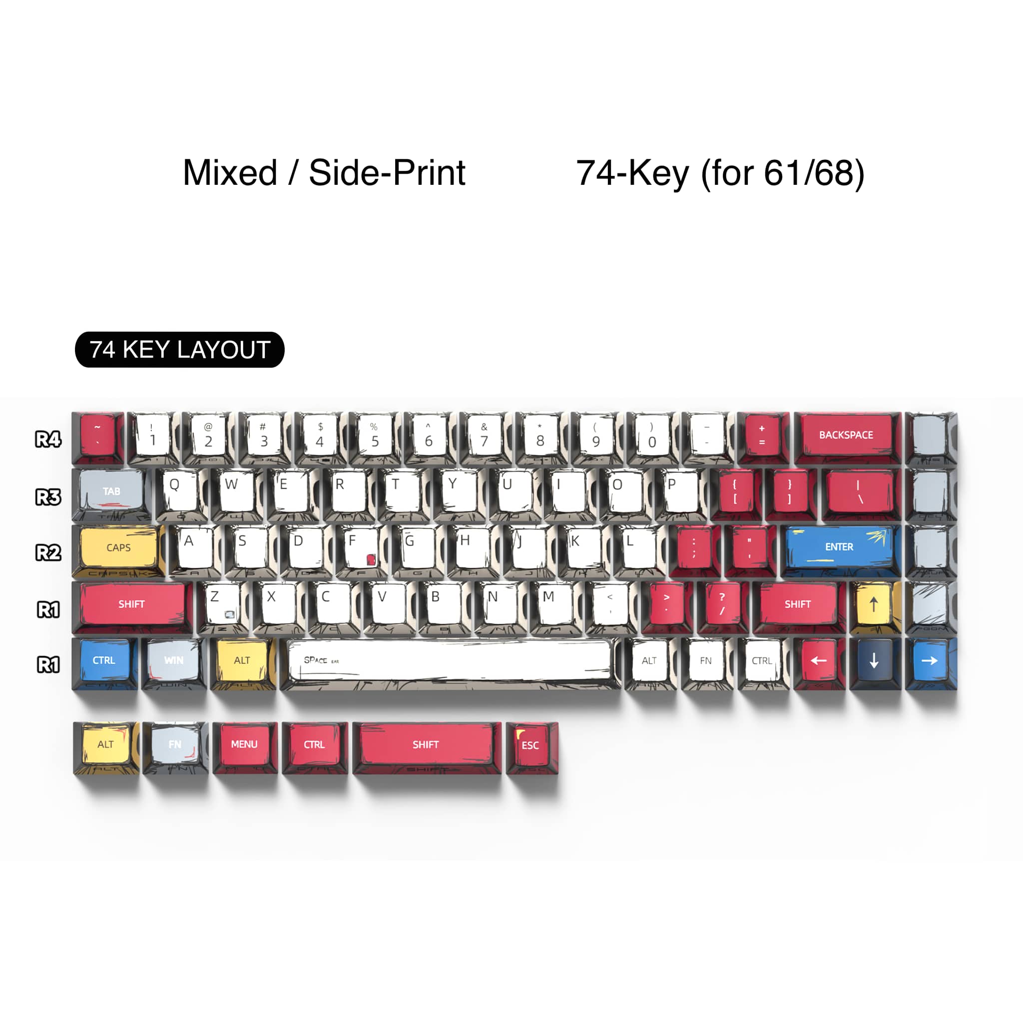 Comic Style PBT Keycaps - 2D Hand-Drawn Design (74/135 Keys)