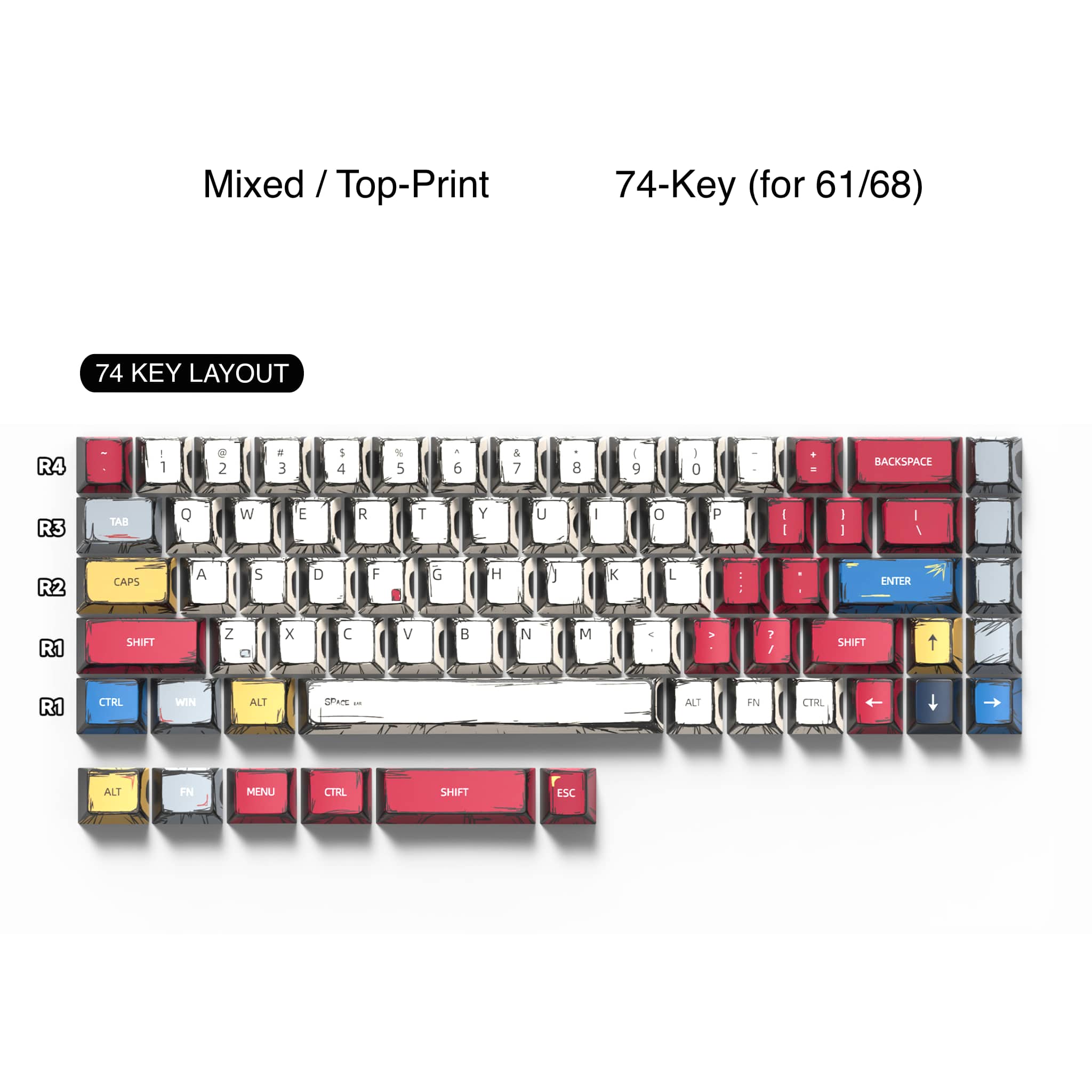 Comic Style PBT Keycaps - 2D Hand-Drawn Design (74/135 Keys)