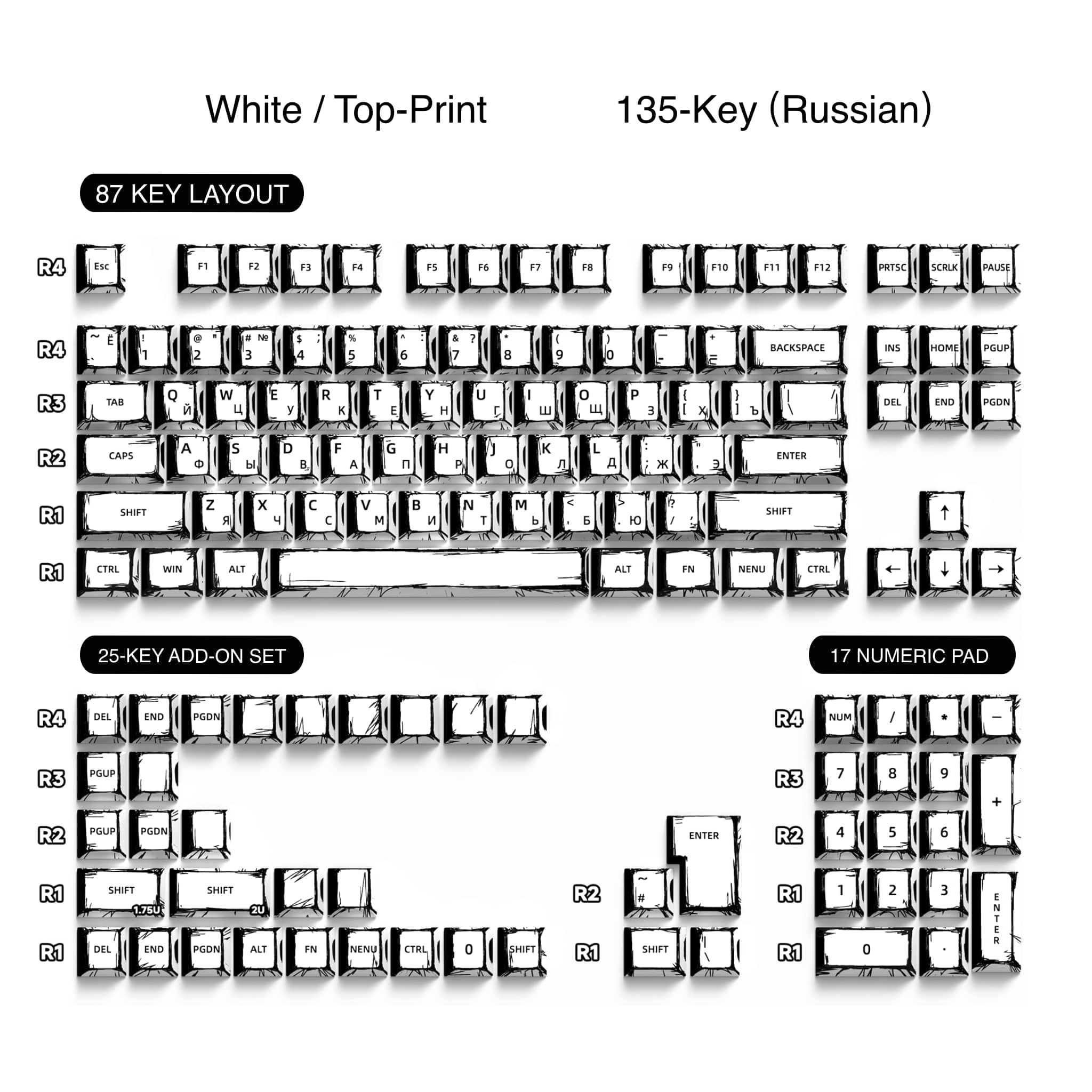 Comic Style PBT Keycaps - 2D Hand-Drawn Design (74/135 Keys)