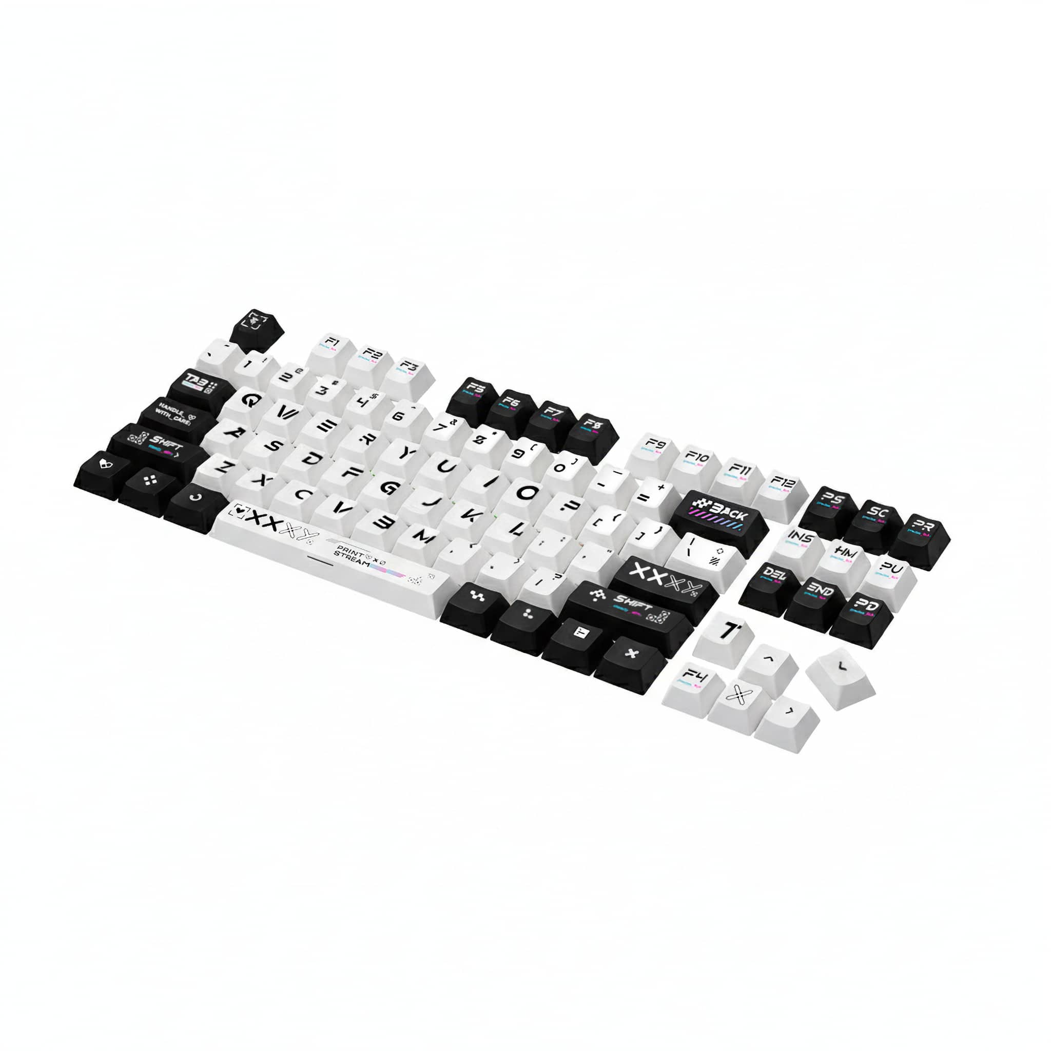 Top view of a minimalist black and white keycap set featuring Japanese-inspired legends for mechanical keyboards.
