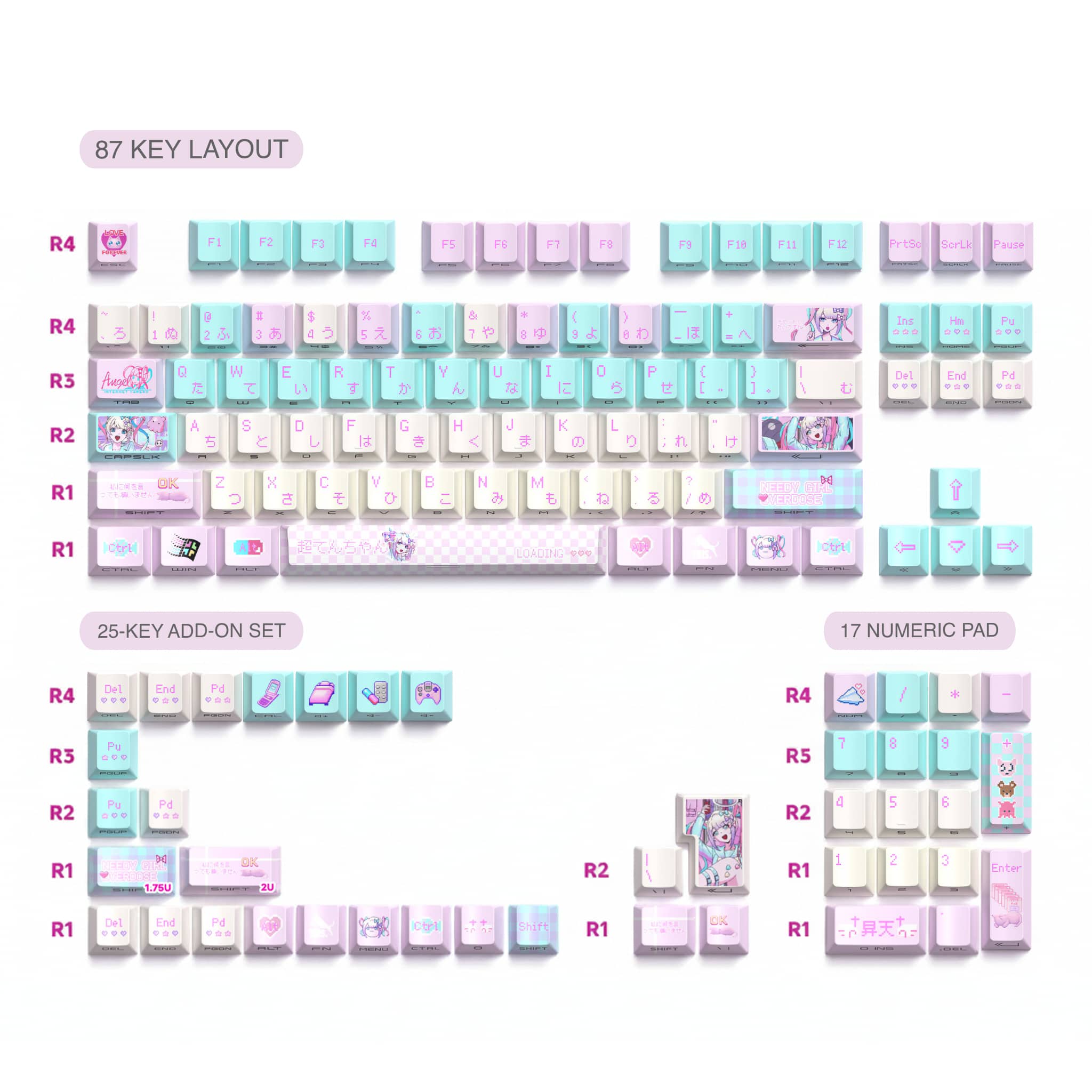 Anime mechanical keyboard keycaps, Needy Streamer Overload aesthetic, pastel pink blue PBT keycap set, side-lit shine-through keycaps, Japanese Hiragana legends, 129 keys set for 60%, 75%, TKL, and full-size keyboards.