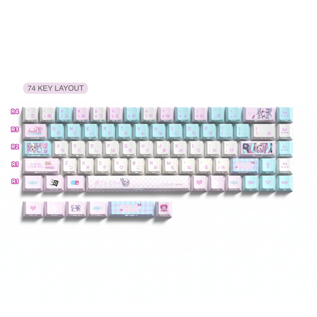 Pastel pink and blue anime-themed 74-key PBT keycap set. Features "Needy Streamer Overload" graphics, Japanese sub-legends, and side-printed shine-through characters.