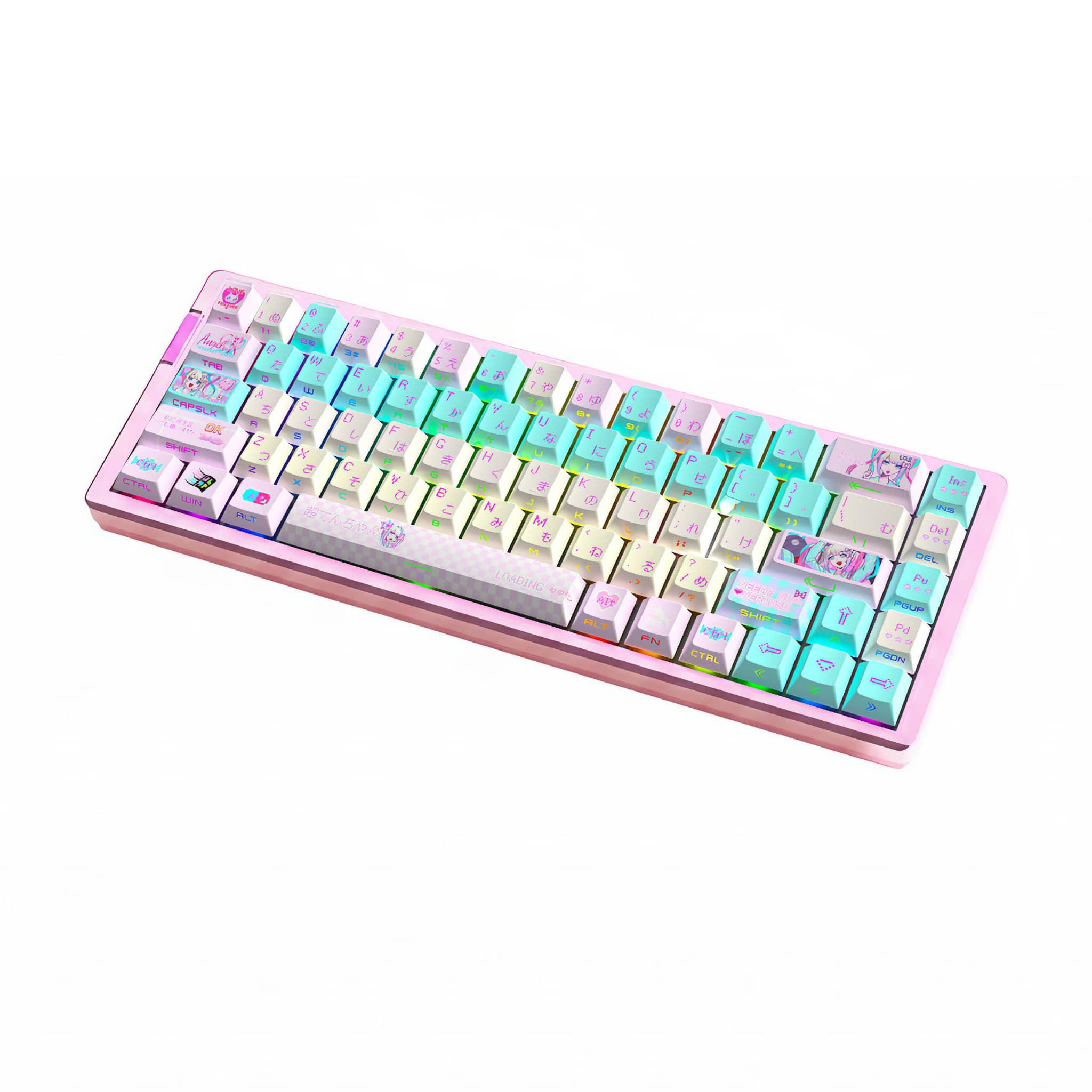 Pastel pink and green anime keycaps set with Japanese legends on a compact mechanical gaming keyboard.
