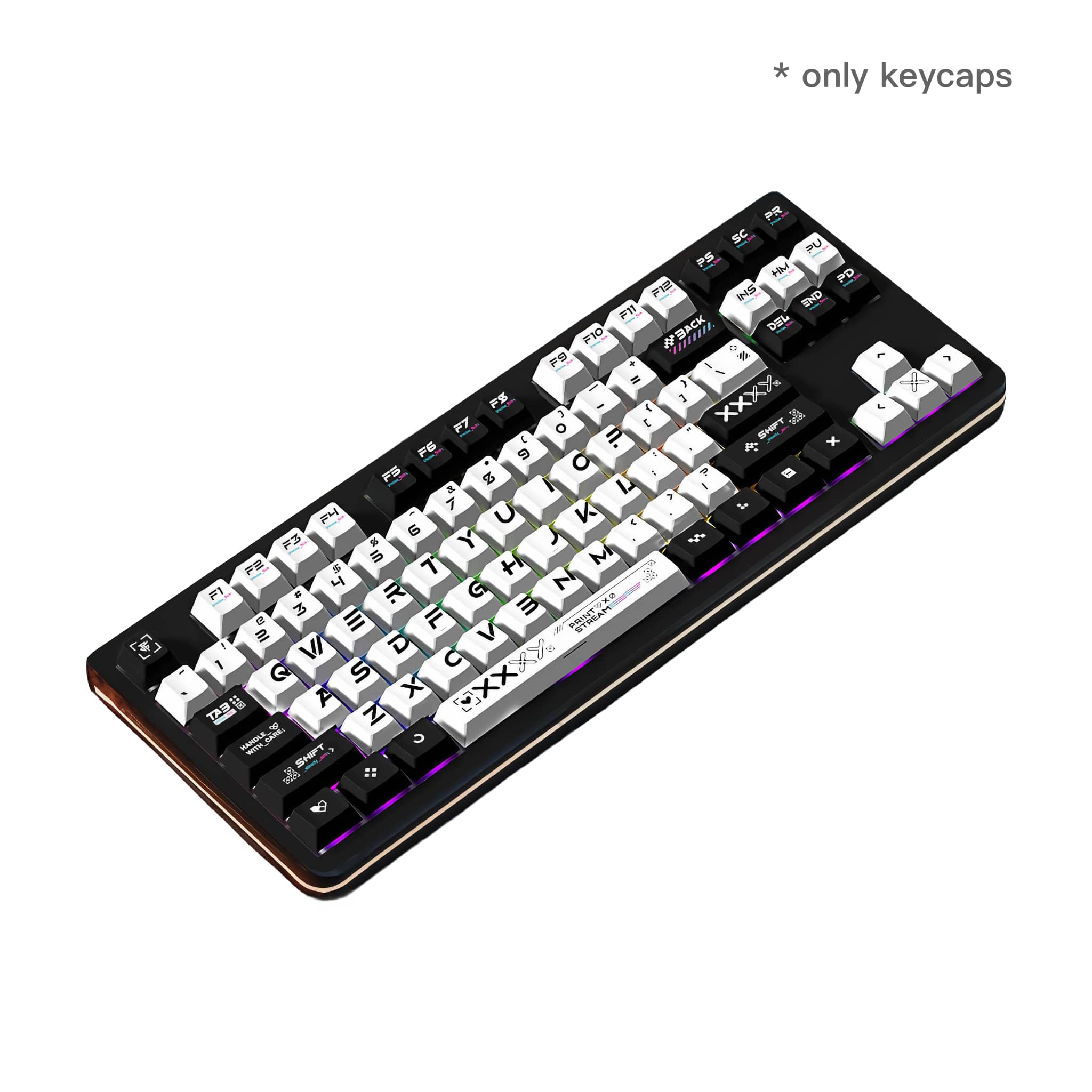 Top view of black and white custom mechanical keycaps with futuristic tech legends on a backlit gaming keyboard.