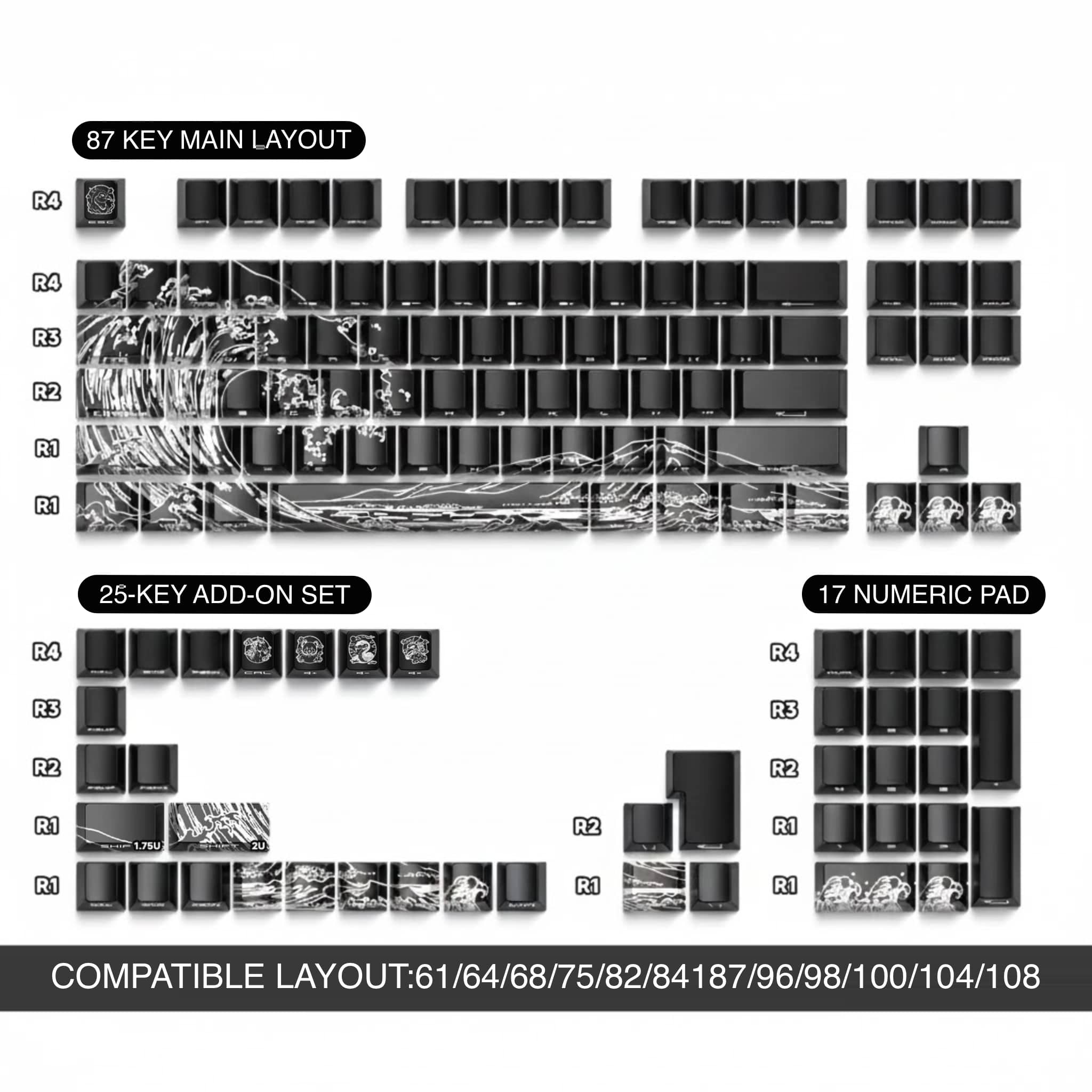 Comprehensive 129-key mechanical keyboard keycap set with compatibility list (61/64/87/104 etc.). Detailed black wave artistic design, clean white background, professional presentation for European and American markets.