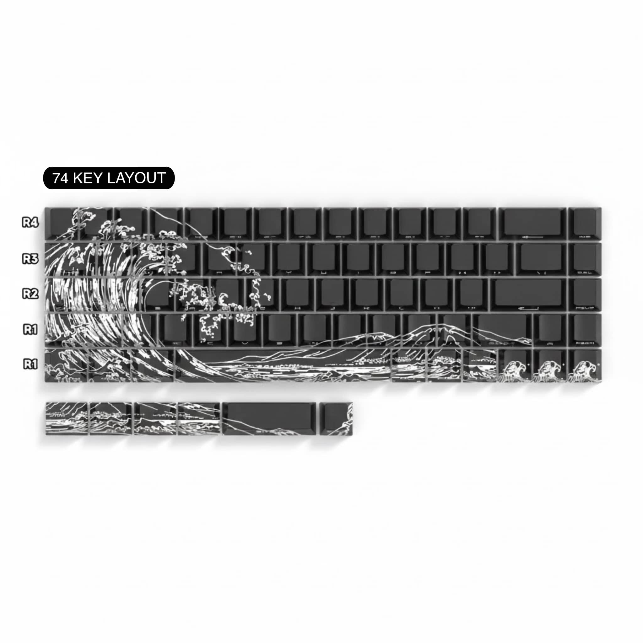 Comprehensive 74-key mechanical keyboard keycap set with compatibility list (61/64 etc.). Detailed black wave artistic design, clean white background, professional presentation for European and American markets.