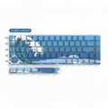 Comprehensive 74-key mechanical keyboard keycap set with compatibility list (61/64 etc.). Detailed blue wave artistic design, clean white background, professional presentation for European and American markets.