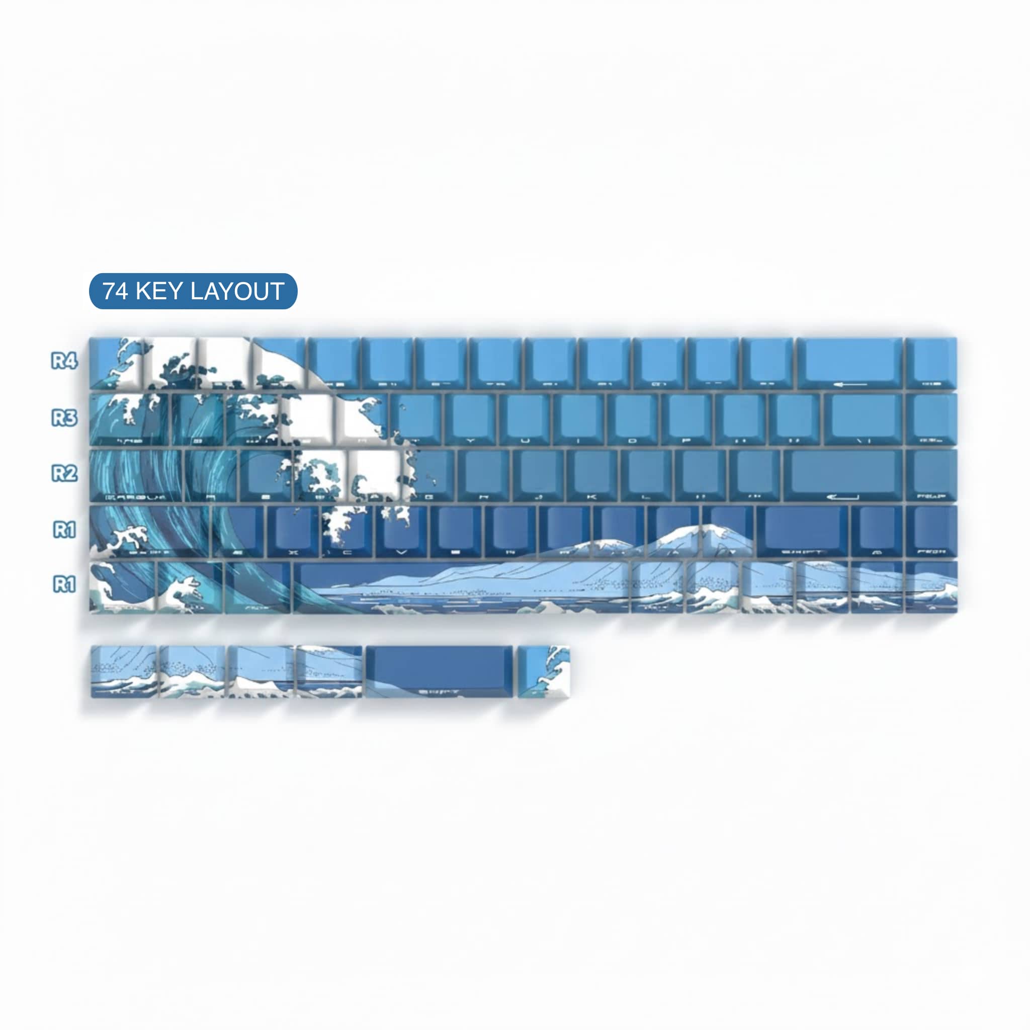 Comprehensive 74-key mechanical keyboard keycap set with compatibility list (61/64 etc.). Detailed blue wave artistic design, clean white background, professional presentation for European and American markets.