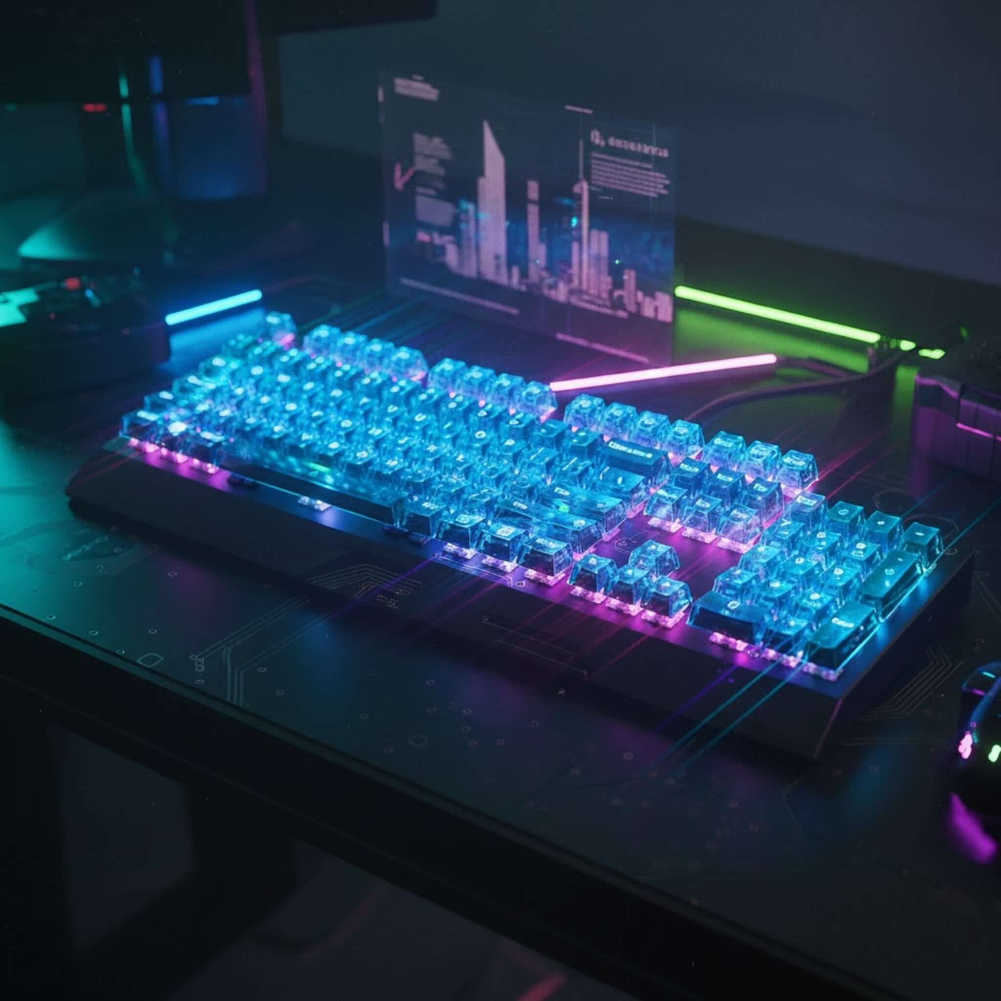 A high-end mechanical keyboard with transparent blue crystal keycaps glowing with RGB lighting on a dark cyberpunk-themed desk setup.