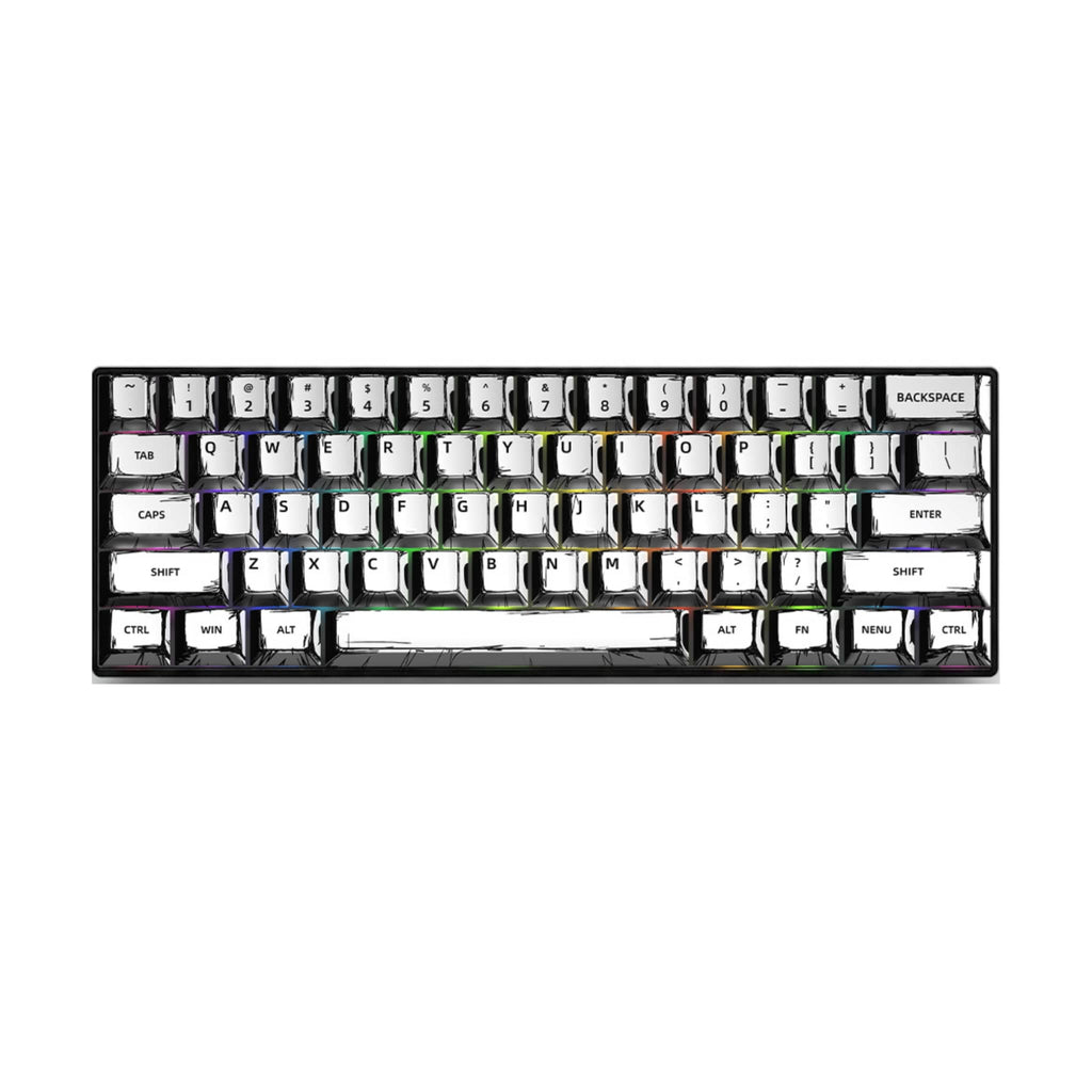 Hand-drawn comic style mechanical keyboard keycaps set on a white background.