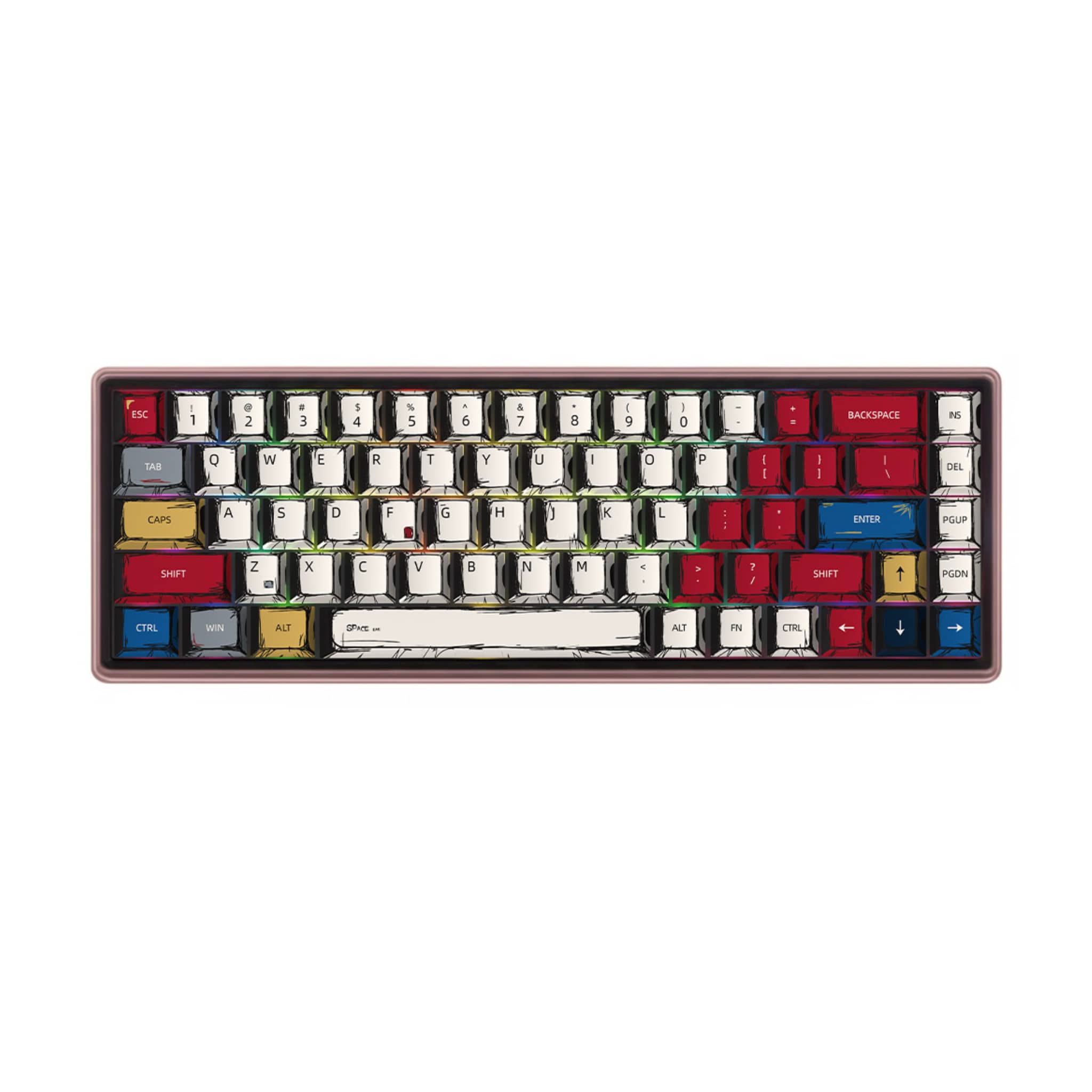 A full set of vibrant hand-painted 2D cartoon style keycaps in red, blue, and yellow, displayed on a clean white background for mechanical keyboards.
