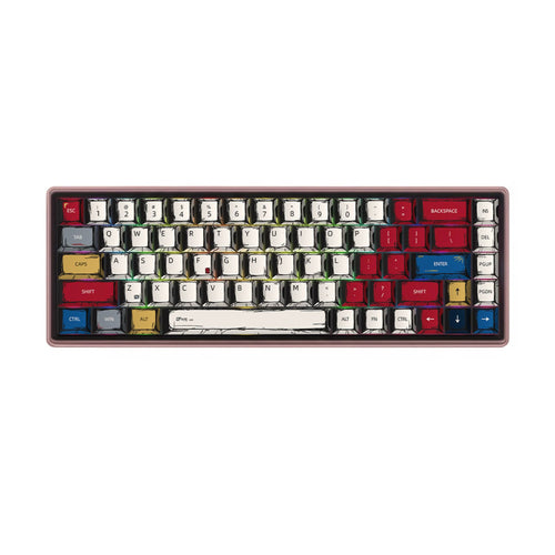 A full set of vibrant hand-painted 2D cartoon style keycaps in red, blue, and yellow, displayed on a clean white background for mechanical keyboards.