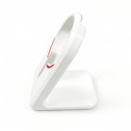 Pure side profile of the customized white stand holding the OnePlus AirVOOC 50W Magnetic Charger, illustrating the optimal viewing angle.