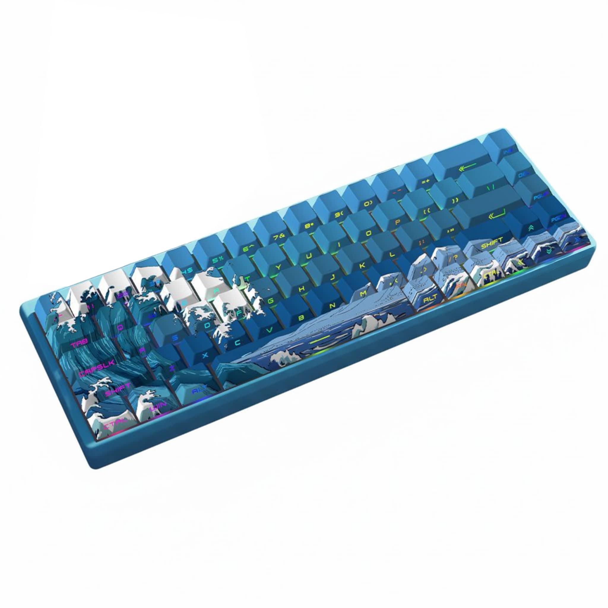 Custom mechanical keyboard featuring "The Great Wave off Kanagawa" inspired keycaps in deep blue and white, accompanied by a 3D miniature sailing boat artisan desk accessory on a white background.