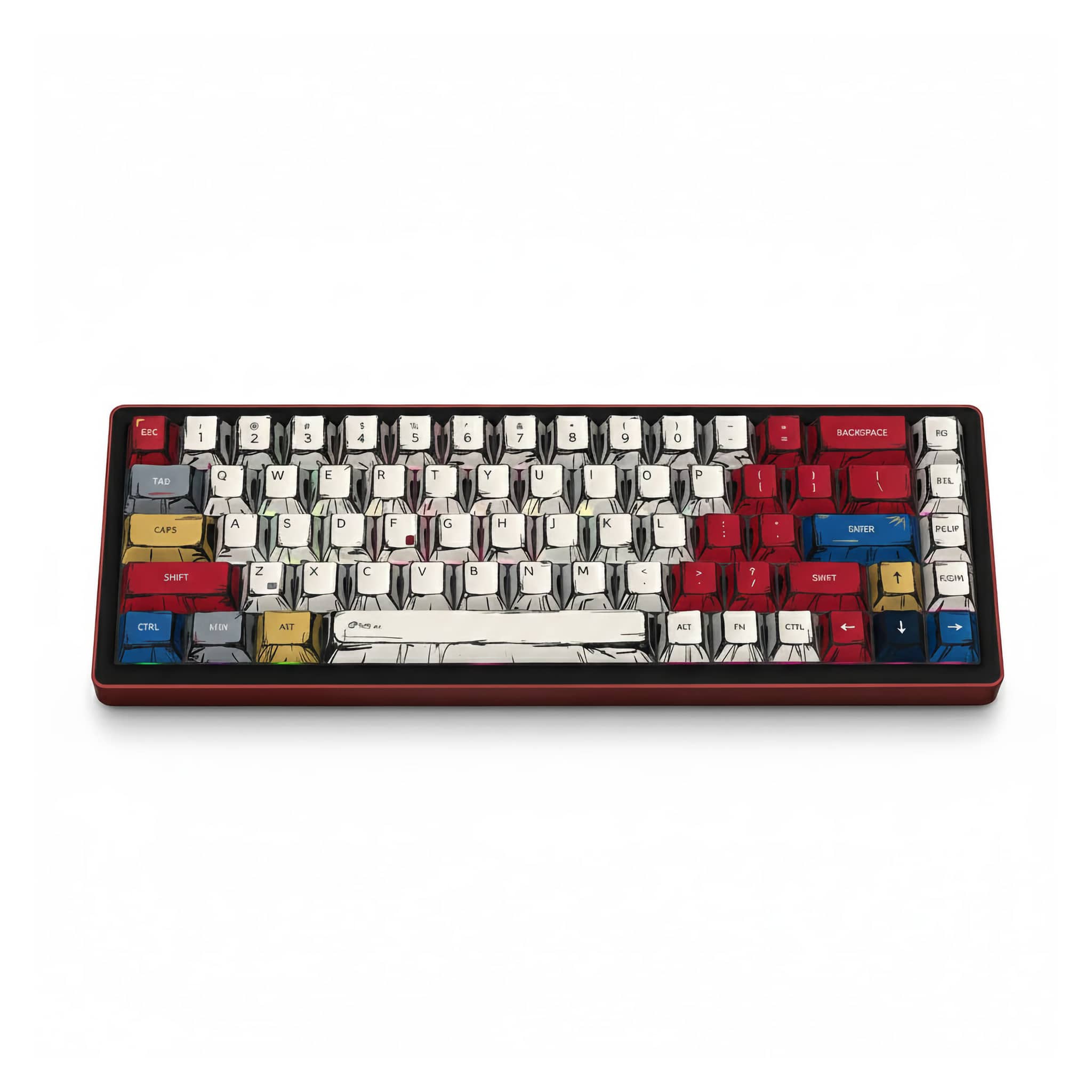 A 65% mechanical keyboard featuring hand-drawn cel-shaded keycaps in a comic book art style, with a color palette of white, red, blue, and yellow on a deep red aluminum frame.