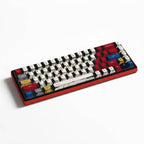 Hand-drawn manga style custom keycaps set on a red mechanical keyboard base, featuring black and white 2D comic aesthetics with colorful accent keys.