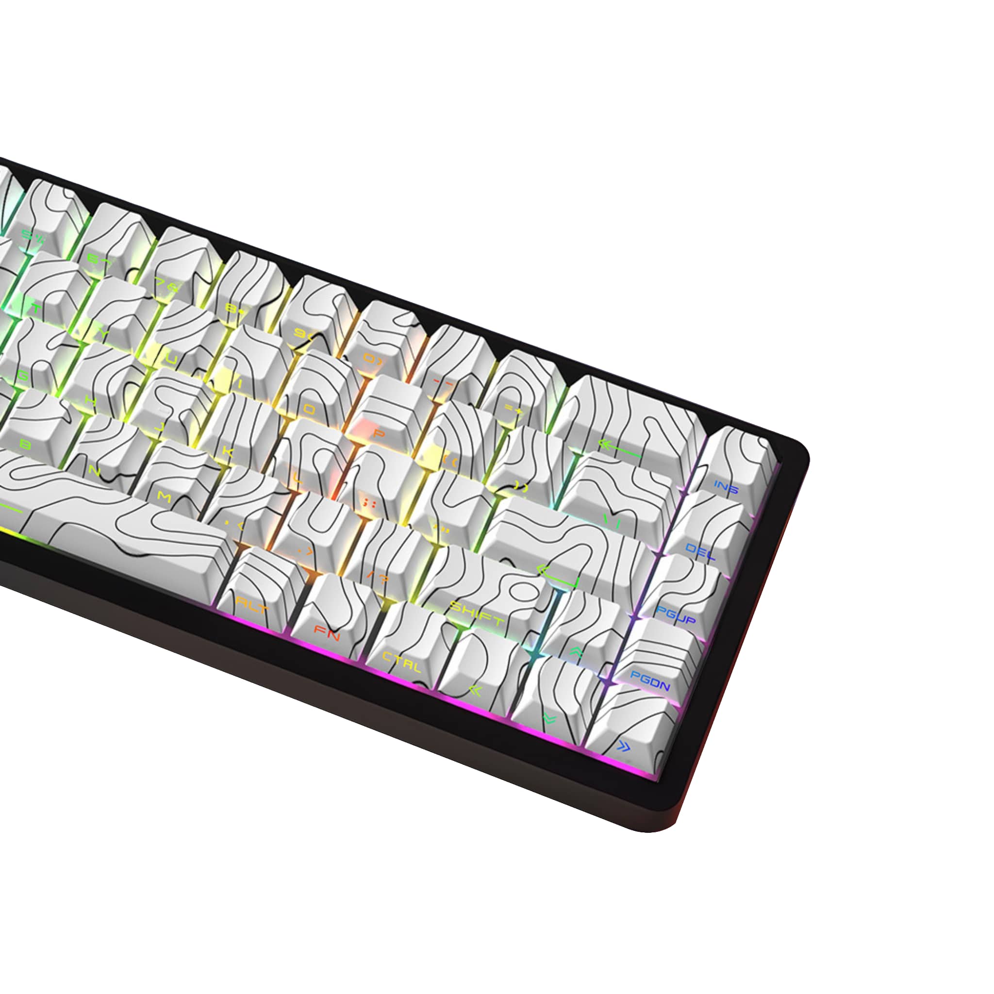 Premium white PBT keycap set featuring black topographic contour line design, minimalist aesthetic for mechanical keyboards.