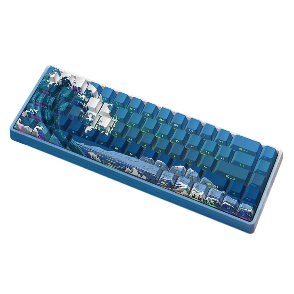 A blue customized mechanical keyboard keycap with Japanese ukiyo-e "Kanagawa Surfing Sato" and Mt. Fuji motifs, 60% layout, displayed against a white background.