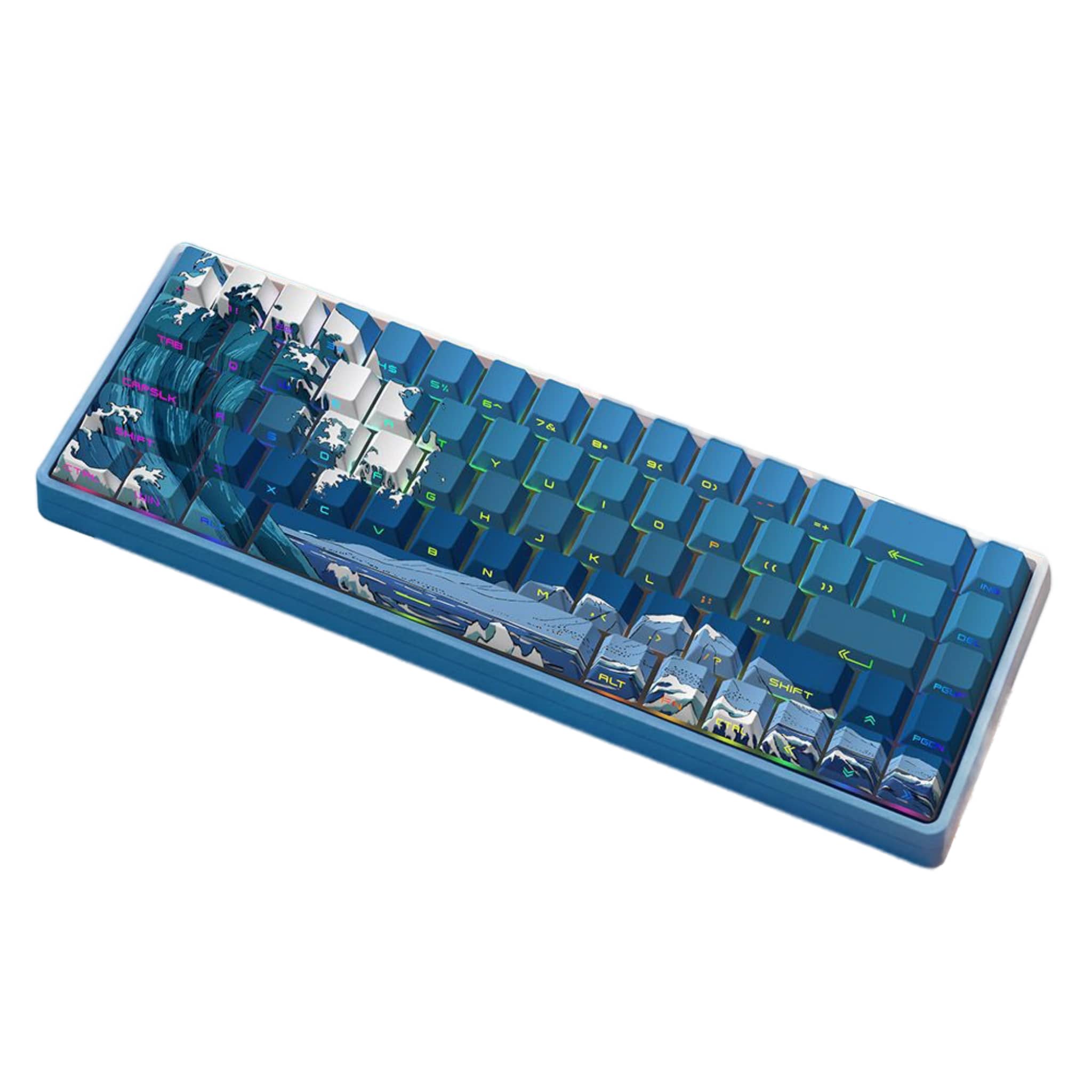 A blue customized mechanical keyboard keycap with Japanese ukiyo-e "Kanagawa Surfing Sato" and Mt. Fuji motifs, 60% layout, displayed against a white background.