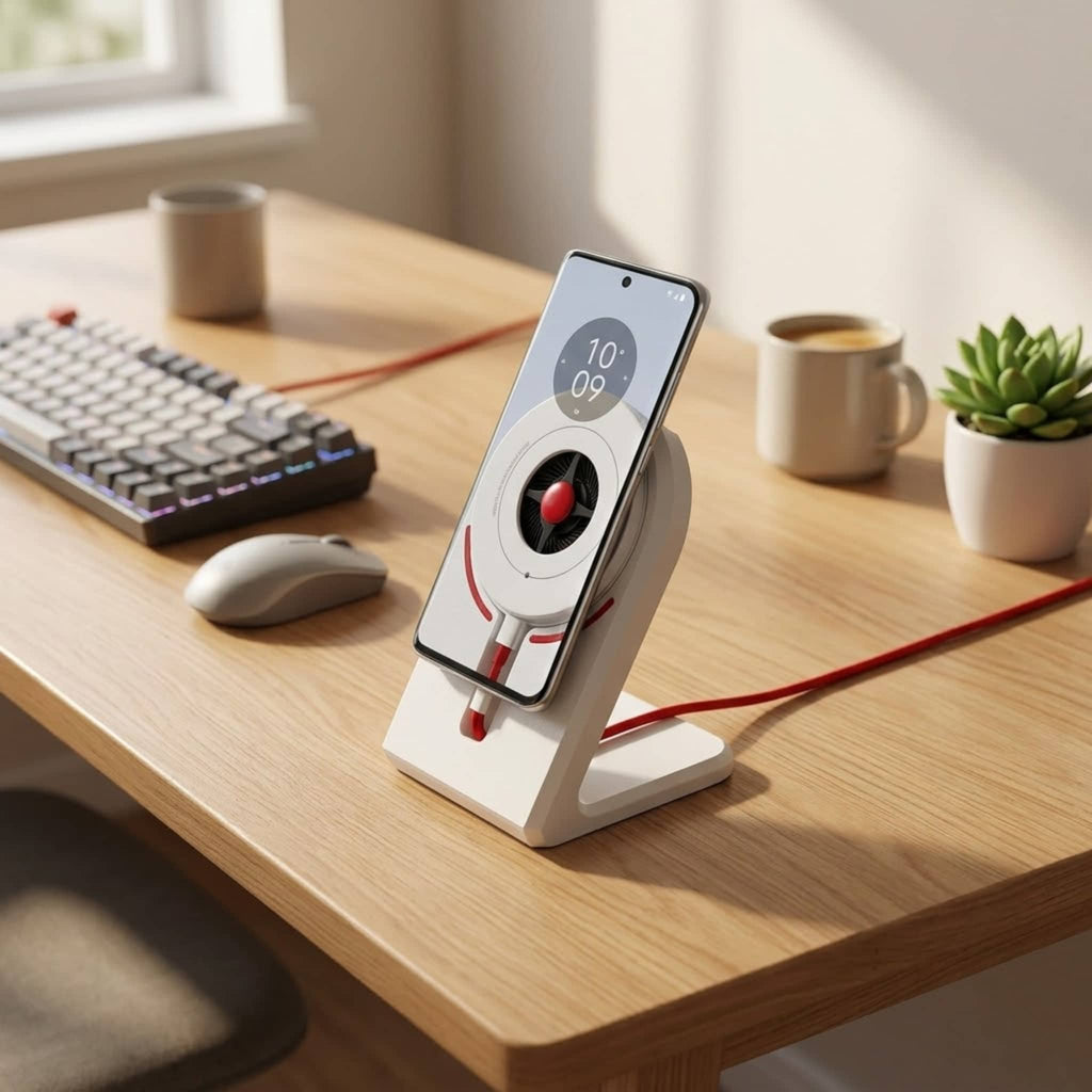 A natural light lifestyle shot on a wooden desk, showing a silver OnePlus 12 smartphone magnetically attached to the OnePlus AirVOOC 50W Magnetic Charger, which is perfectly held in our custom white desktop stand. A red cable is routed neatly backward. The background features a keyboard and coffee mug in a modern home office.