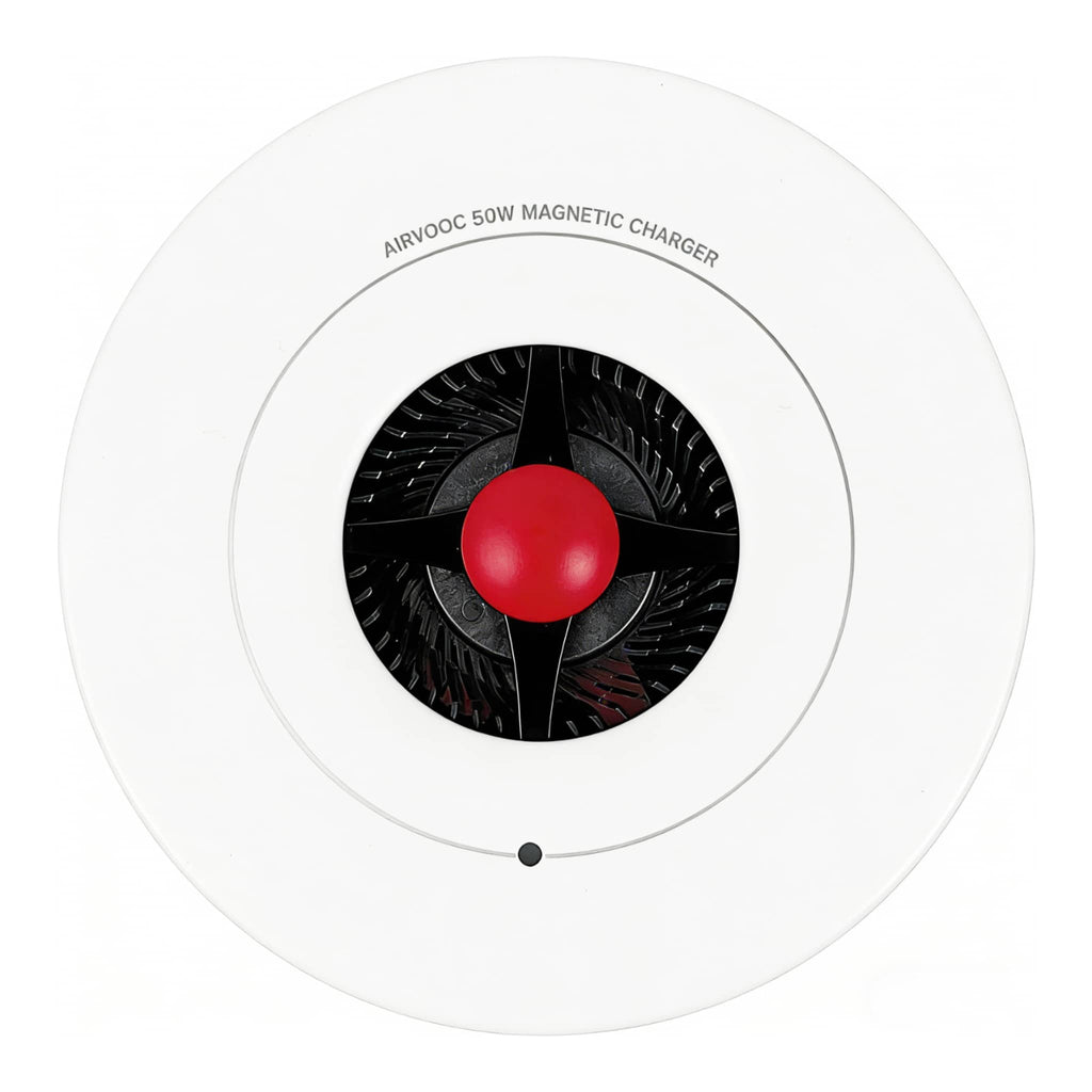 Front-facing view of the white OnePlus AirVOOC 50W Magnetic Charger, showing the central fan, red element, and text "AIRVOOC 50W MAGNETIC CHARGER".