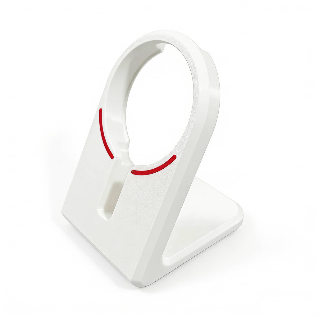 Angled front view of the standalone white desktop mount for the OnePlus AirVOOC 50W Magnetic Charger, featuring red accent lines that match the brand's aesthetic.