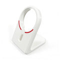 Angled front view of the standalone white desktop mount for the OnePlus AirVOOC 50W Magnetic Charger, featuring red accent lines that match the brand's aesthetic.