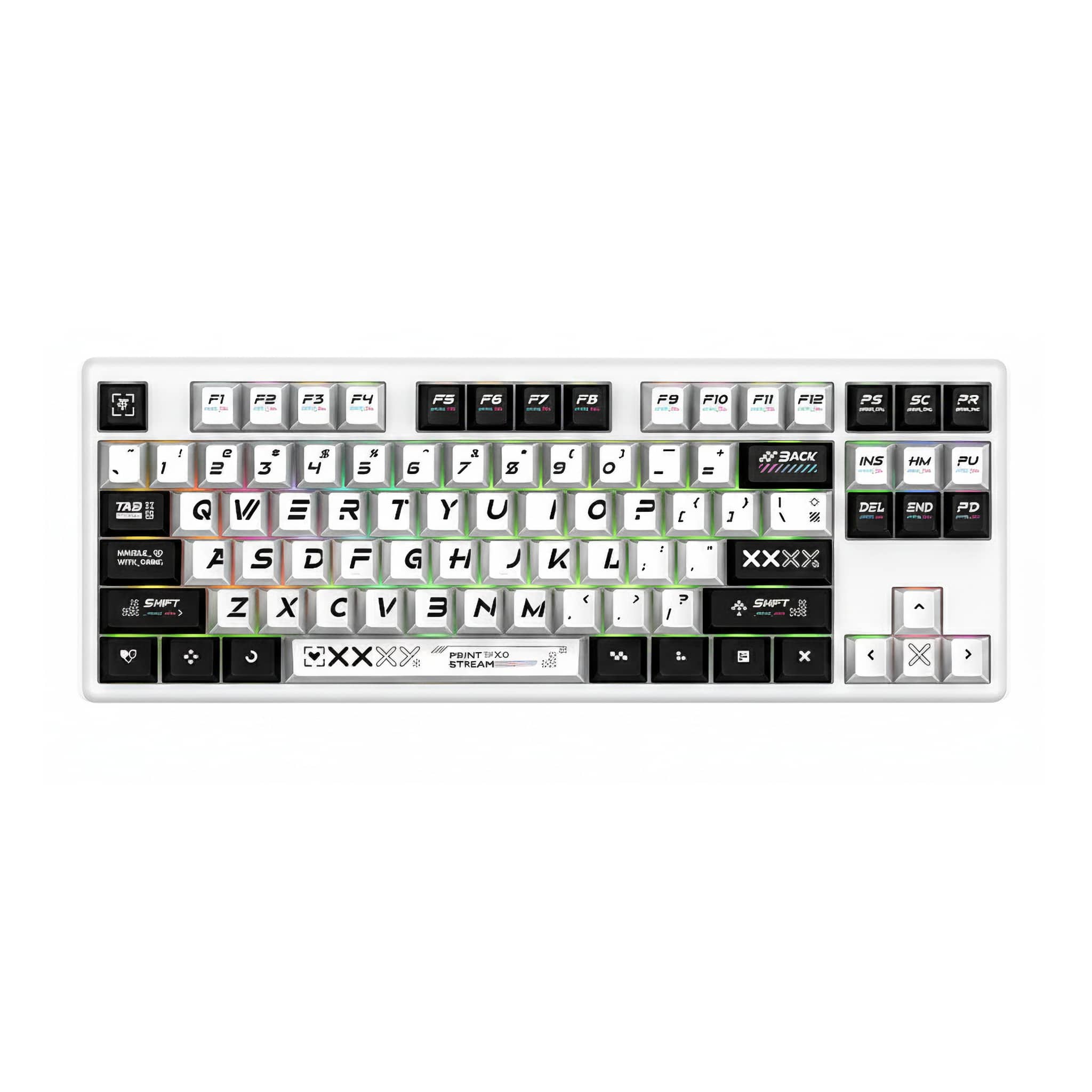 Custom Point Stream theme mechanical keyboard keycaps with white and black legends on a minimalist TKL layout.