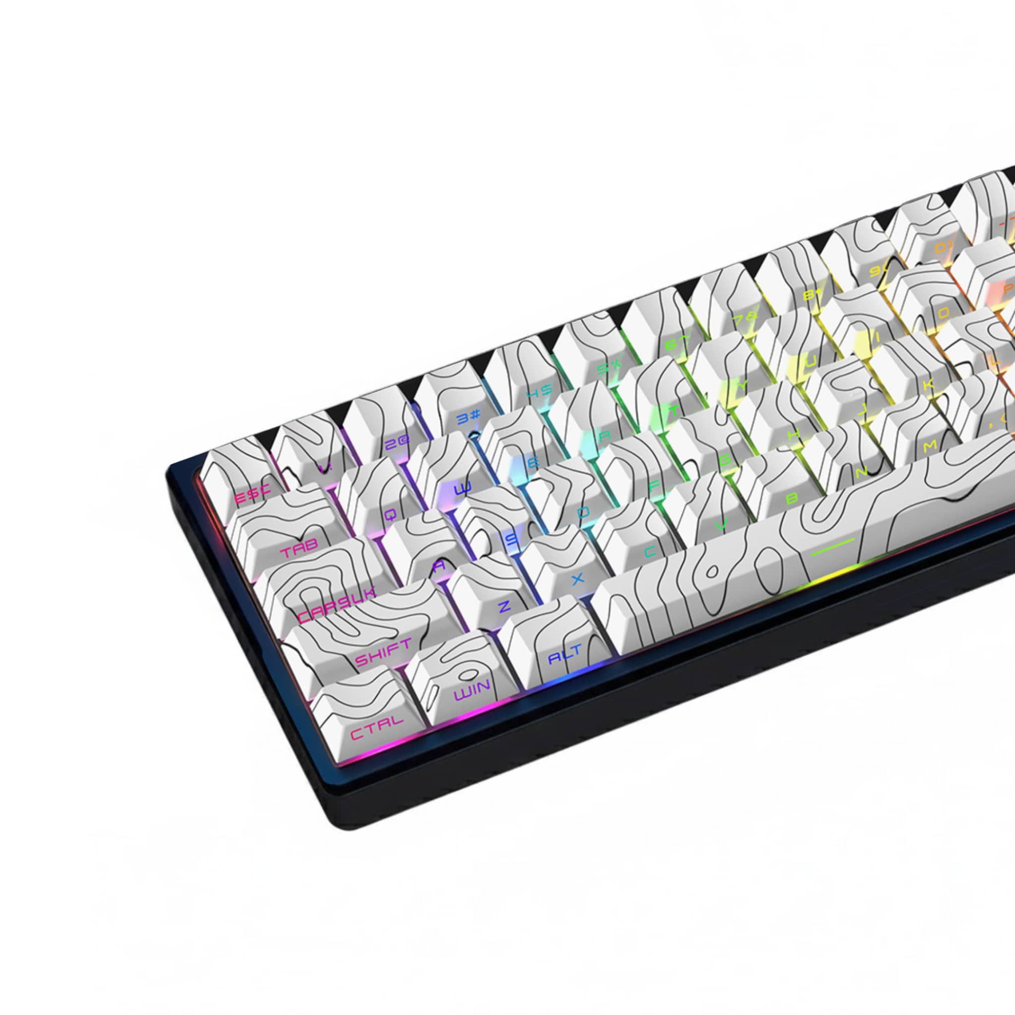 Custom mechanical keyboard keycap set featuring a black-and-white topographic contour line design, shown on a minimalist white background.