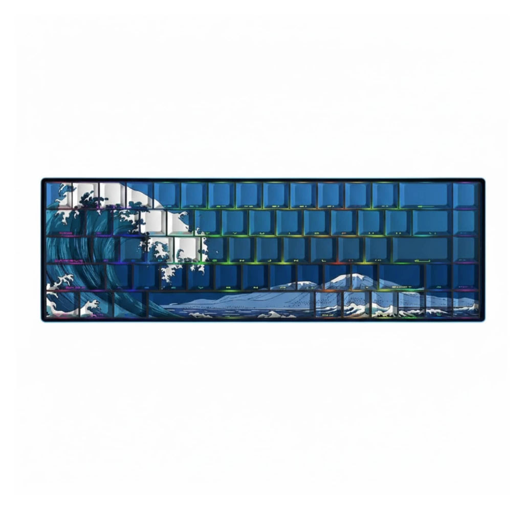 Ukiyo-e The Great Wave off Kanagawa theme side-printed keycaps for mechanical keyboards, PBT dye-sublimation, Japanese art style keycap set.